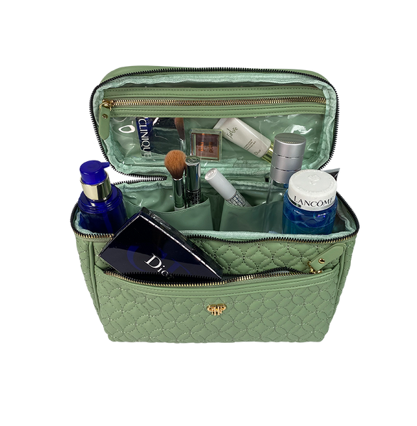 Classic Train Case Travel Makeup & Toiletry Case Sage Quilted PurseN