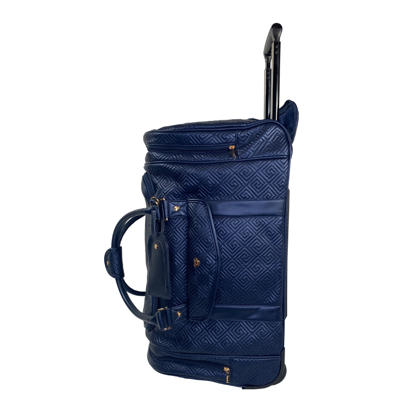 Luxe Rolling Travel Duffel Bag - Pearlized Navy - Greek Key Quilting