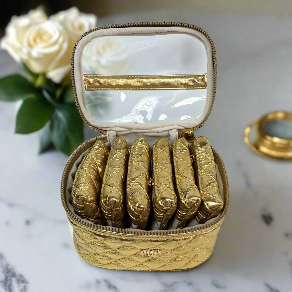 Metallic Gold Quilted Travel Jewelry Case w/ 6 Removable Pouches