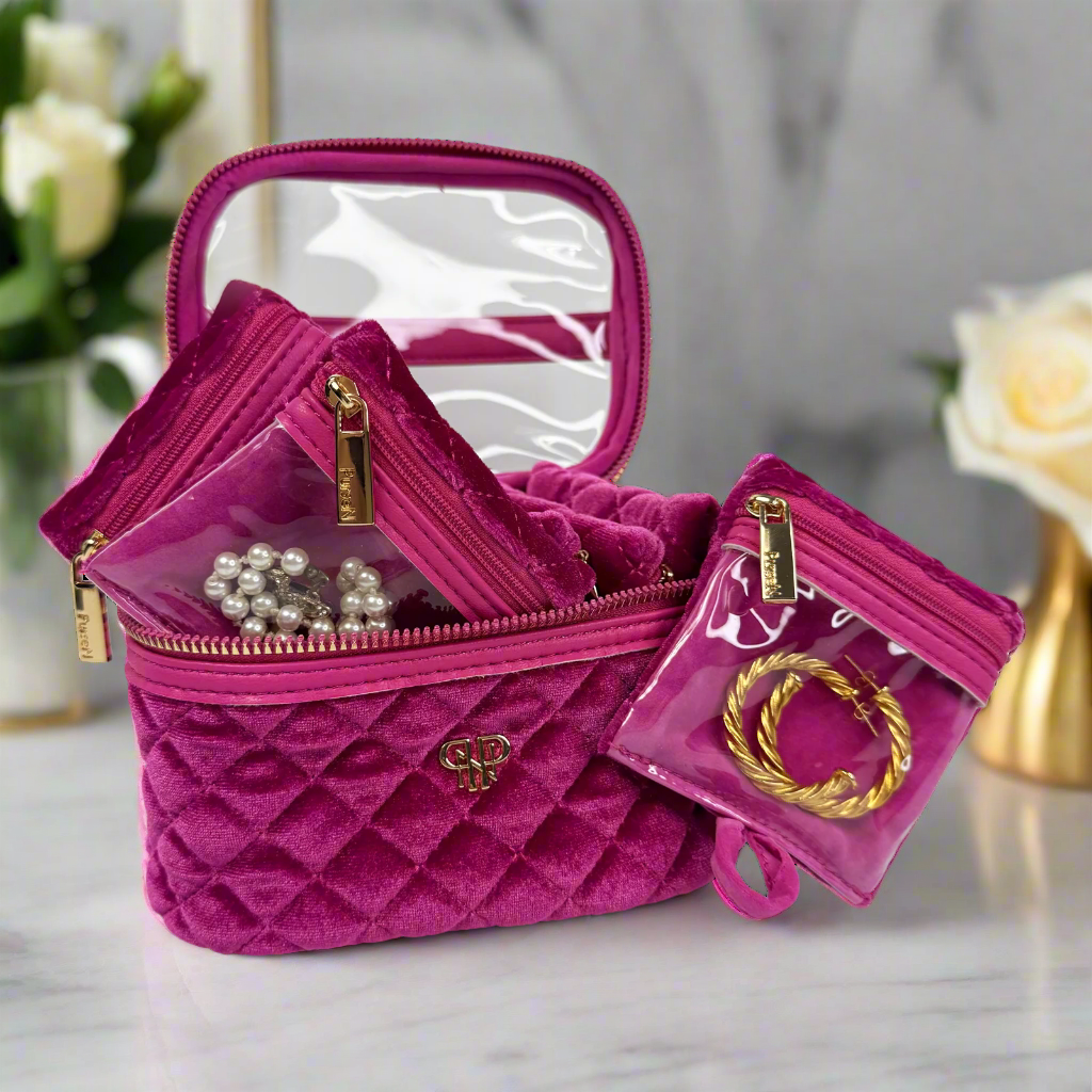 Fuchsia Velvet Quilted Travel Jewelry Case w/ 6 Removable  display picture 2