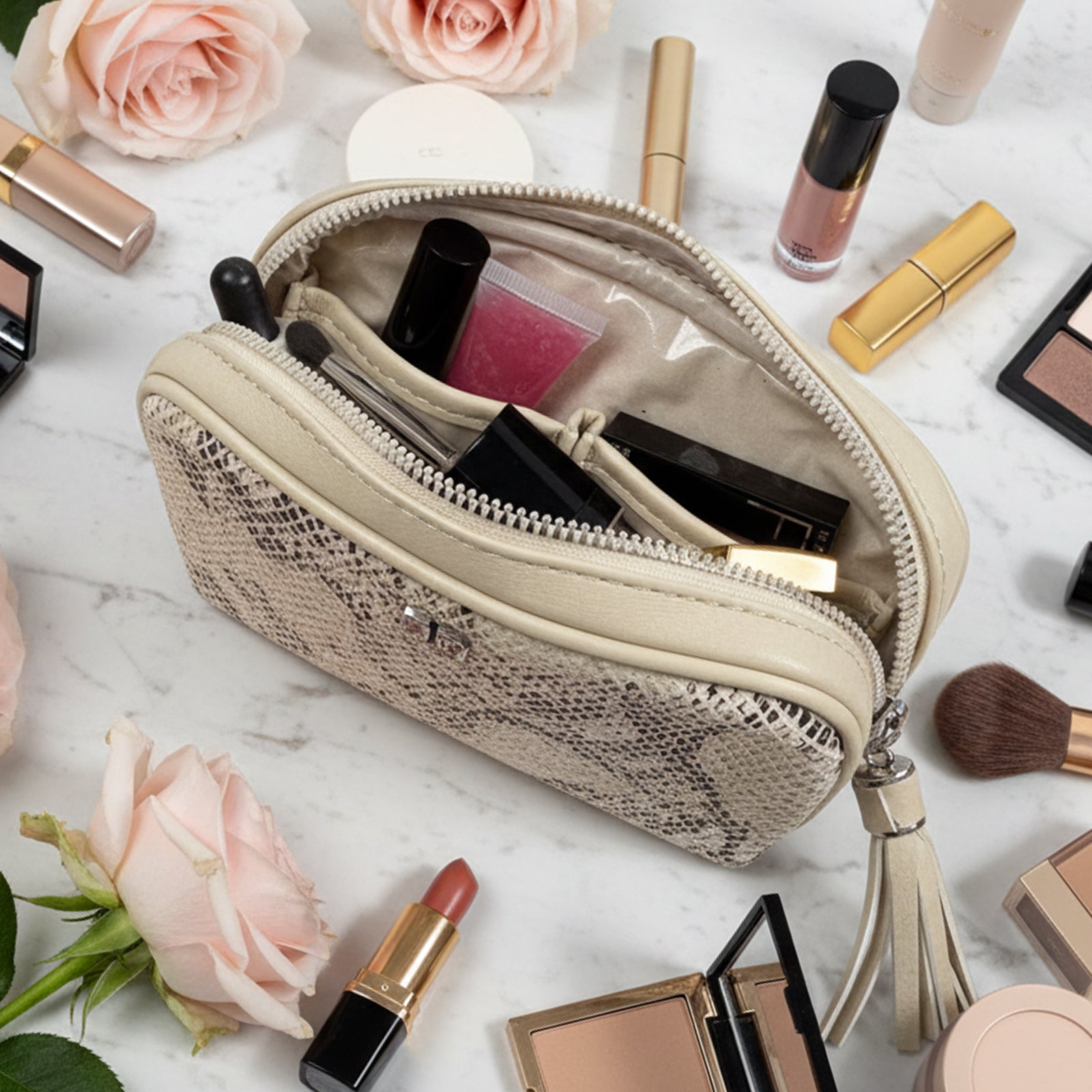 Small Makeup Bag With Mirror - Cream Python Print w/ Metallic