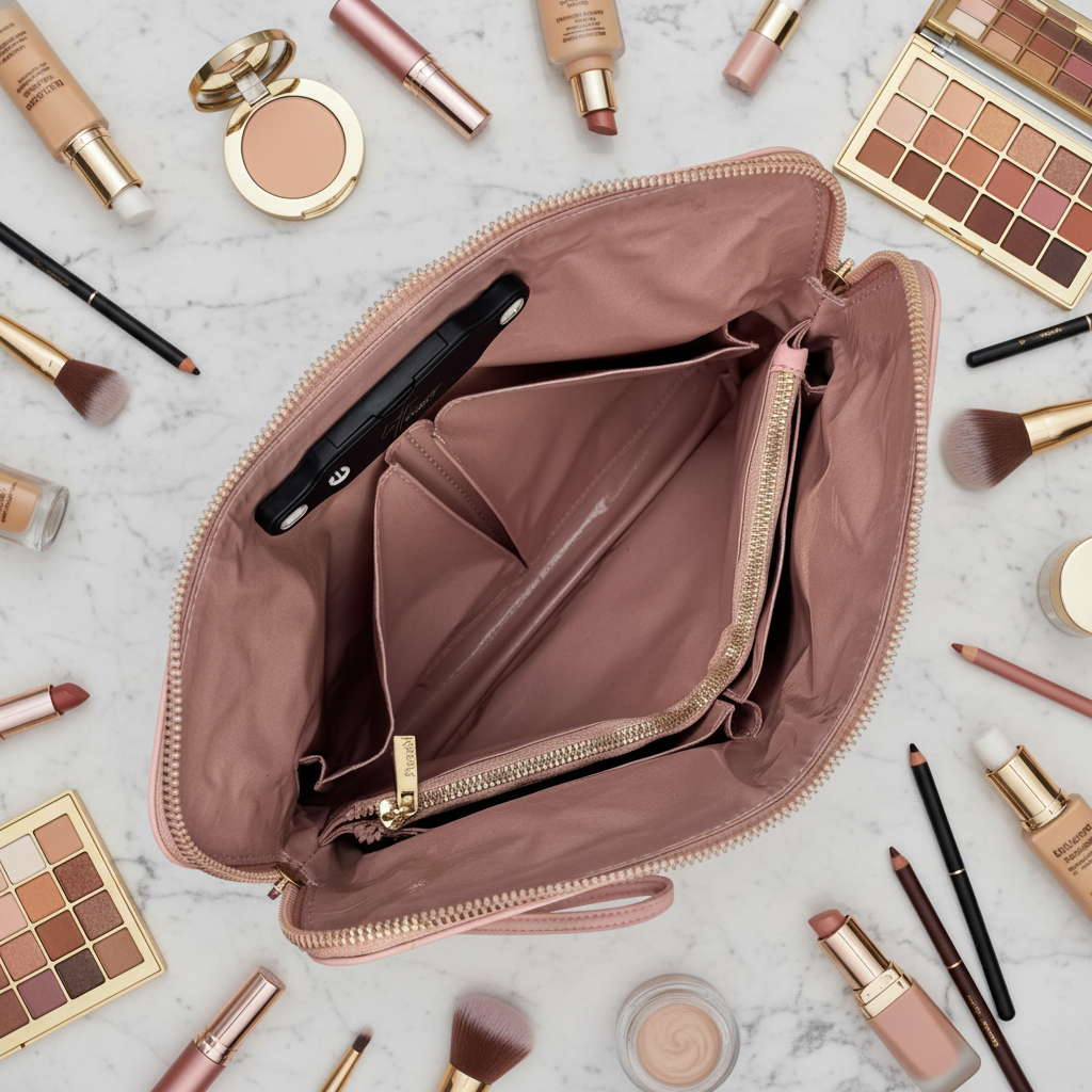 An open blush pink makeup bag with gold zippers, shown from above on a light marble surface surrounded by cosmetics like palettes, brushes, pencils, and lip products.