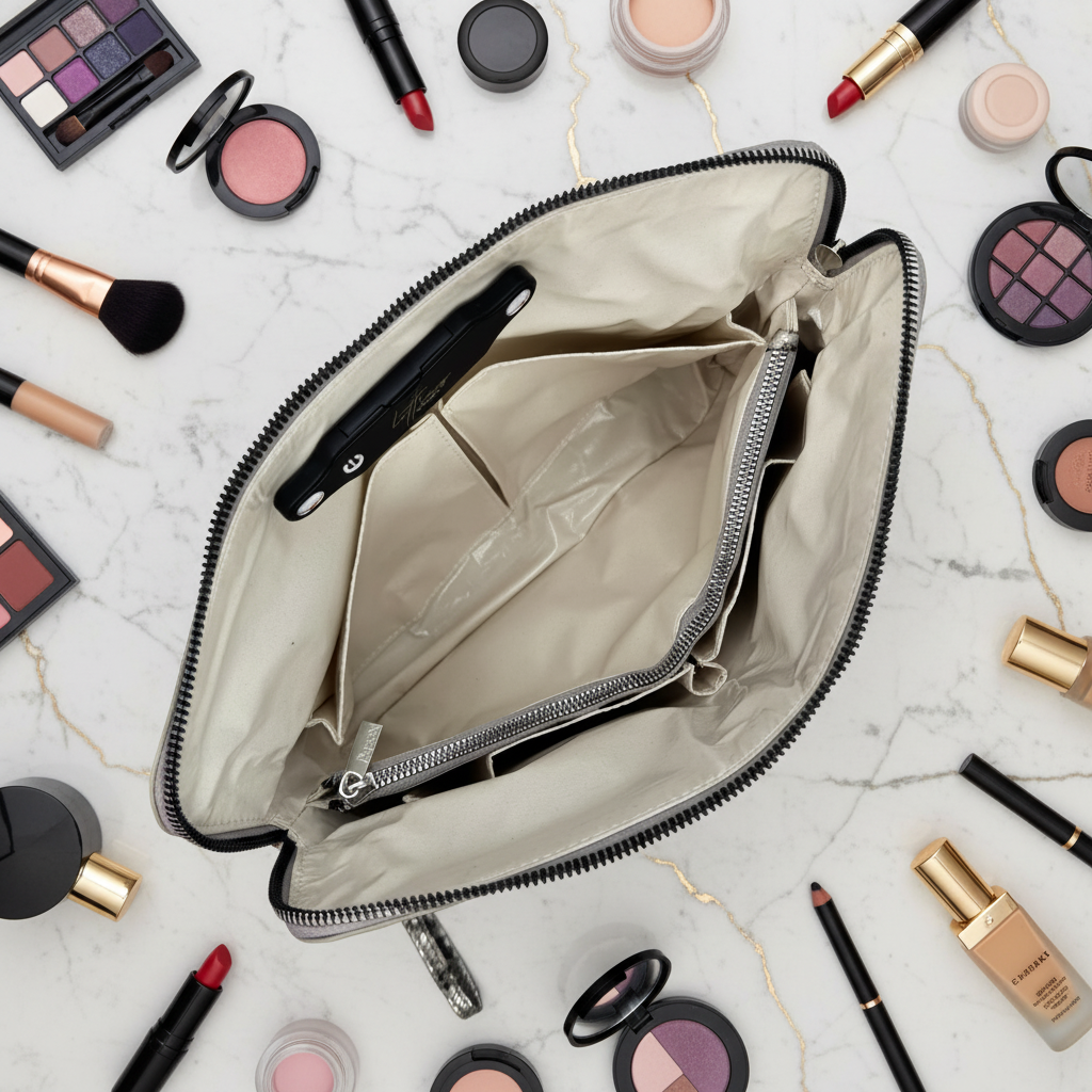 An open beige makeup bag with black trim and interior zip compartments, surrounded by cosmetics and makeup tools on a white marble surface.