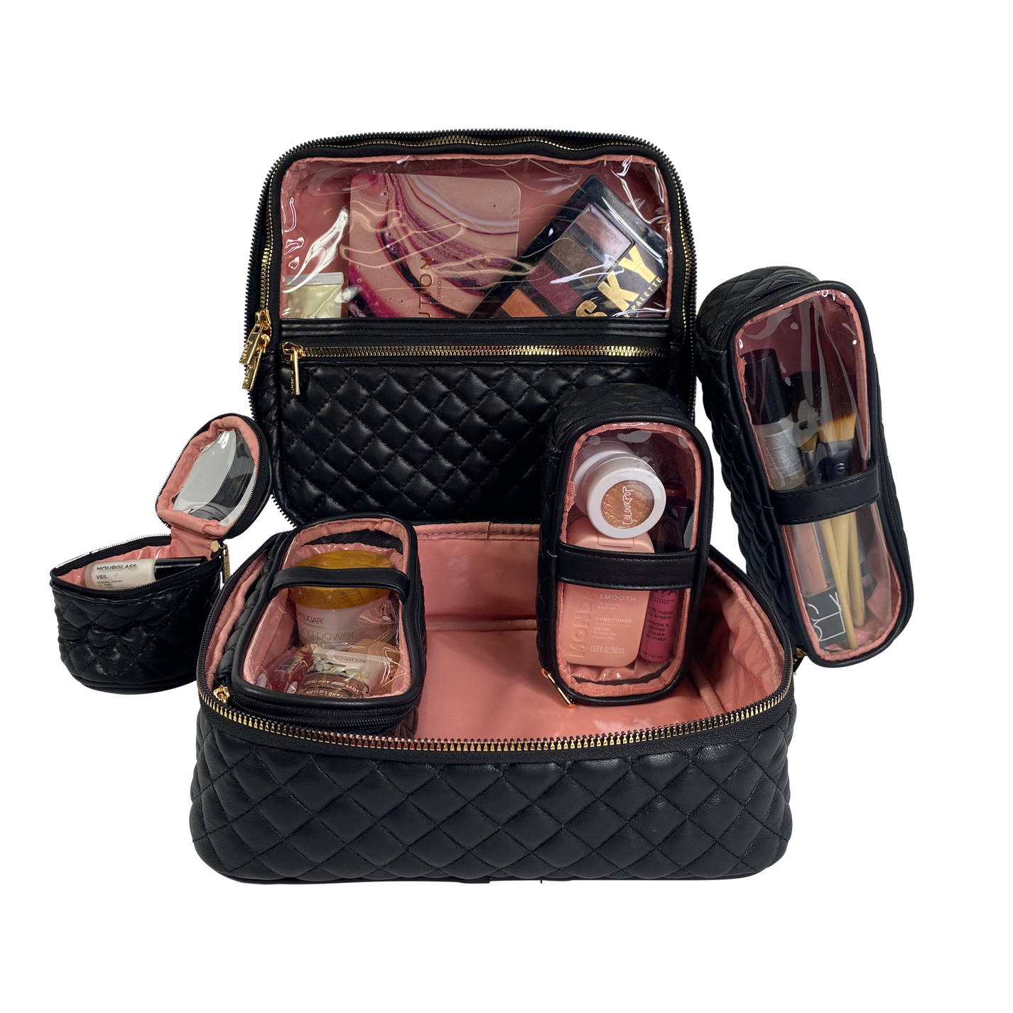 Medium Makeup Travel Cases w/ Removable Sm Cases Black Quilted PurseN