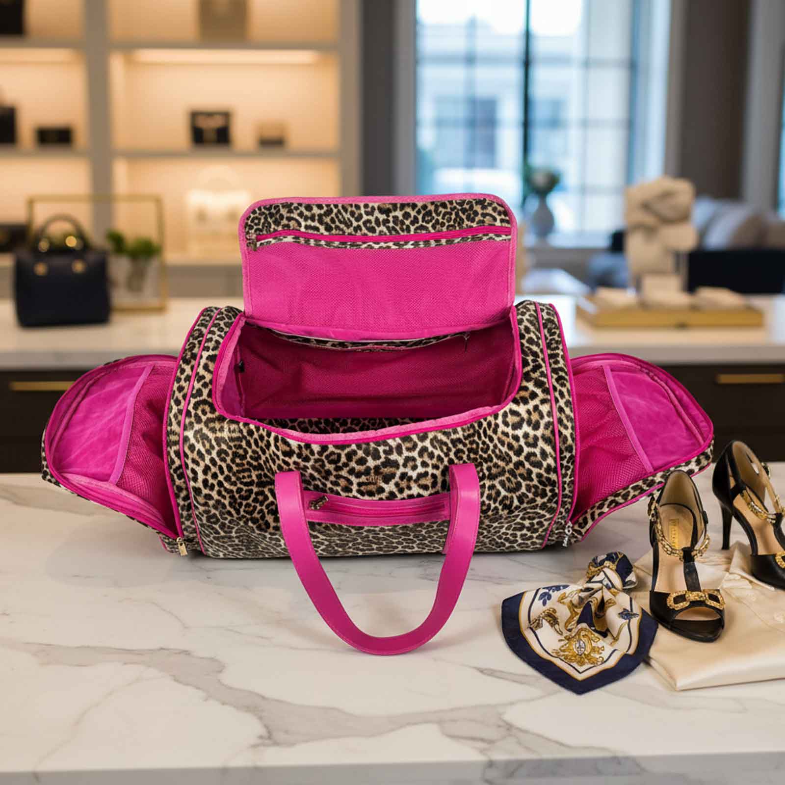 Luxe Duffel Bag - Leopard Print w/ Hot Pink Accents – PurseN