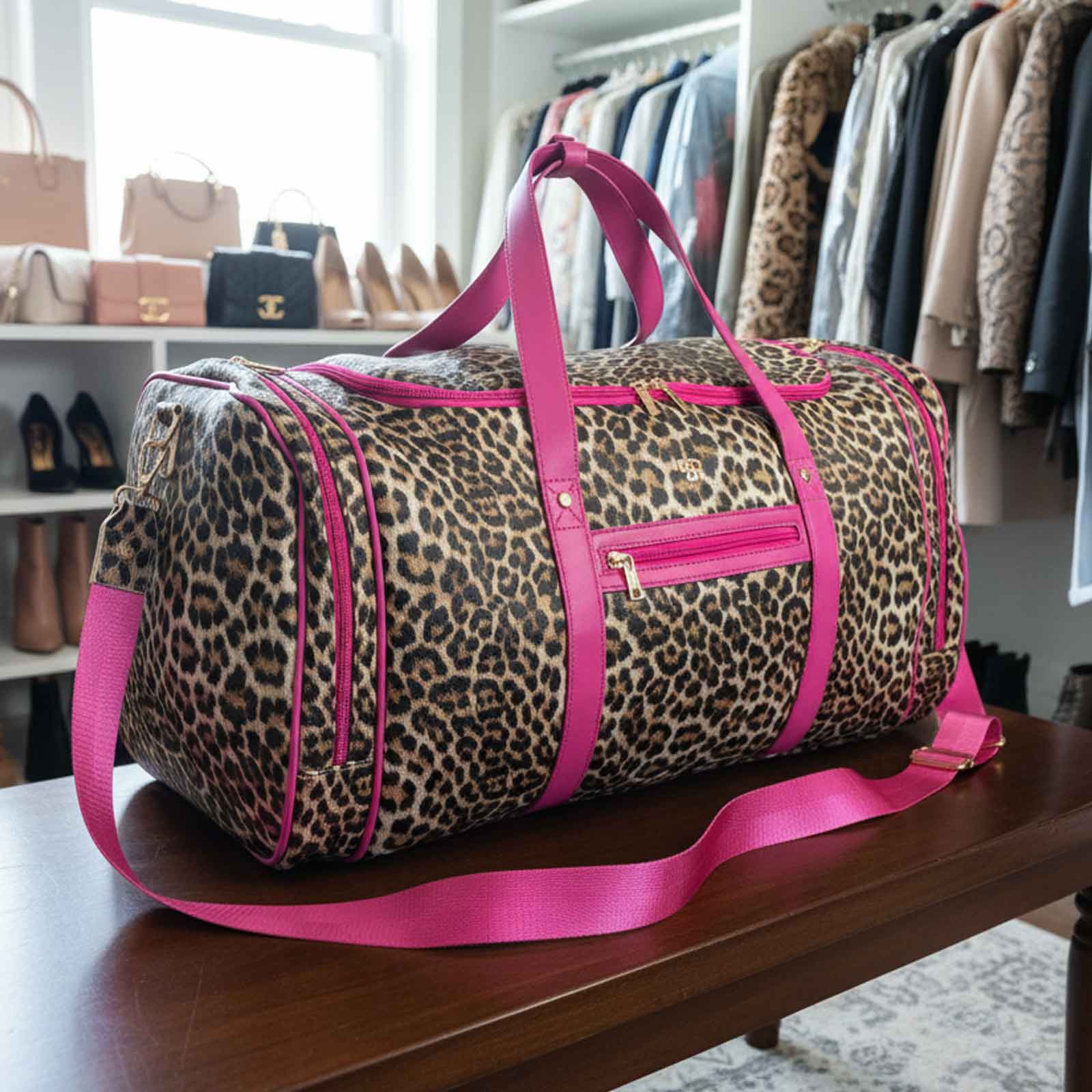 Luxe Duffel Bag - Leopard Print w/ Hot Pink Accents – PurseN