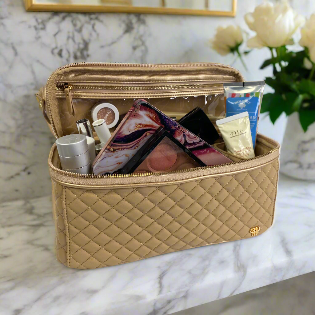 luxury dressing table bag PurseN Heat Resistant Stylist Travel Case (Gold and Nude)