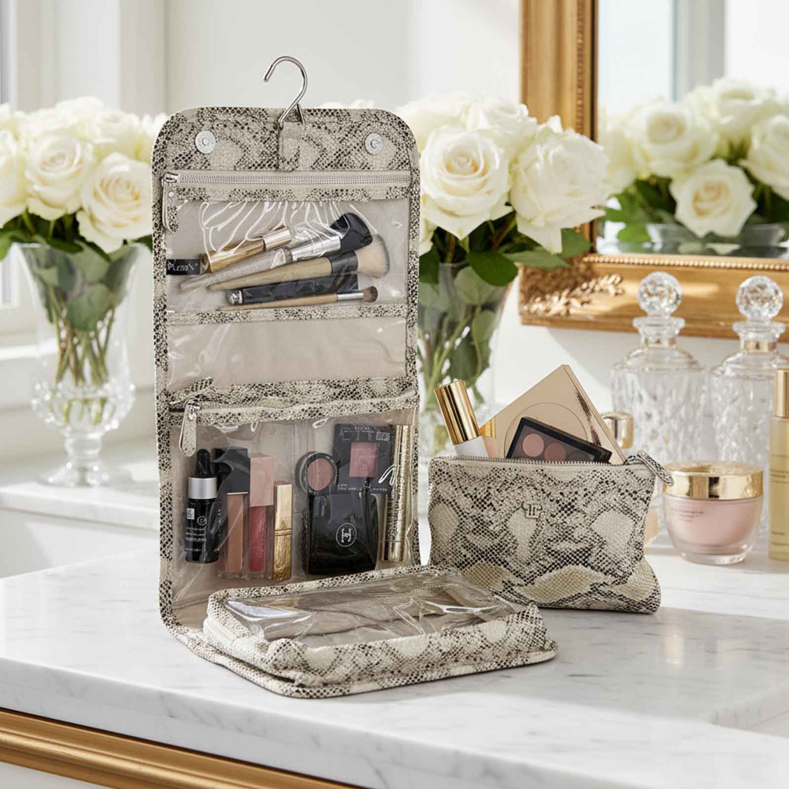 Cream Python Printed Hanging Travel Toiletry Case w/ Removable Pouch