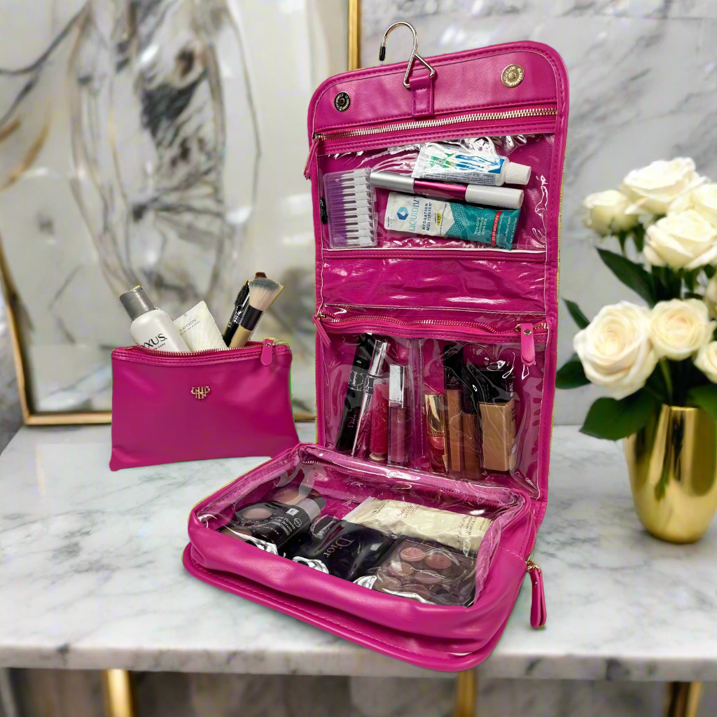 Fuchsia Velvet Quilted Hanging Travel Toiletry Case w/ Removable