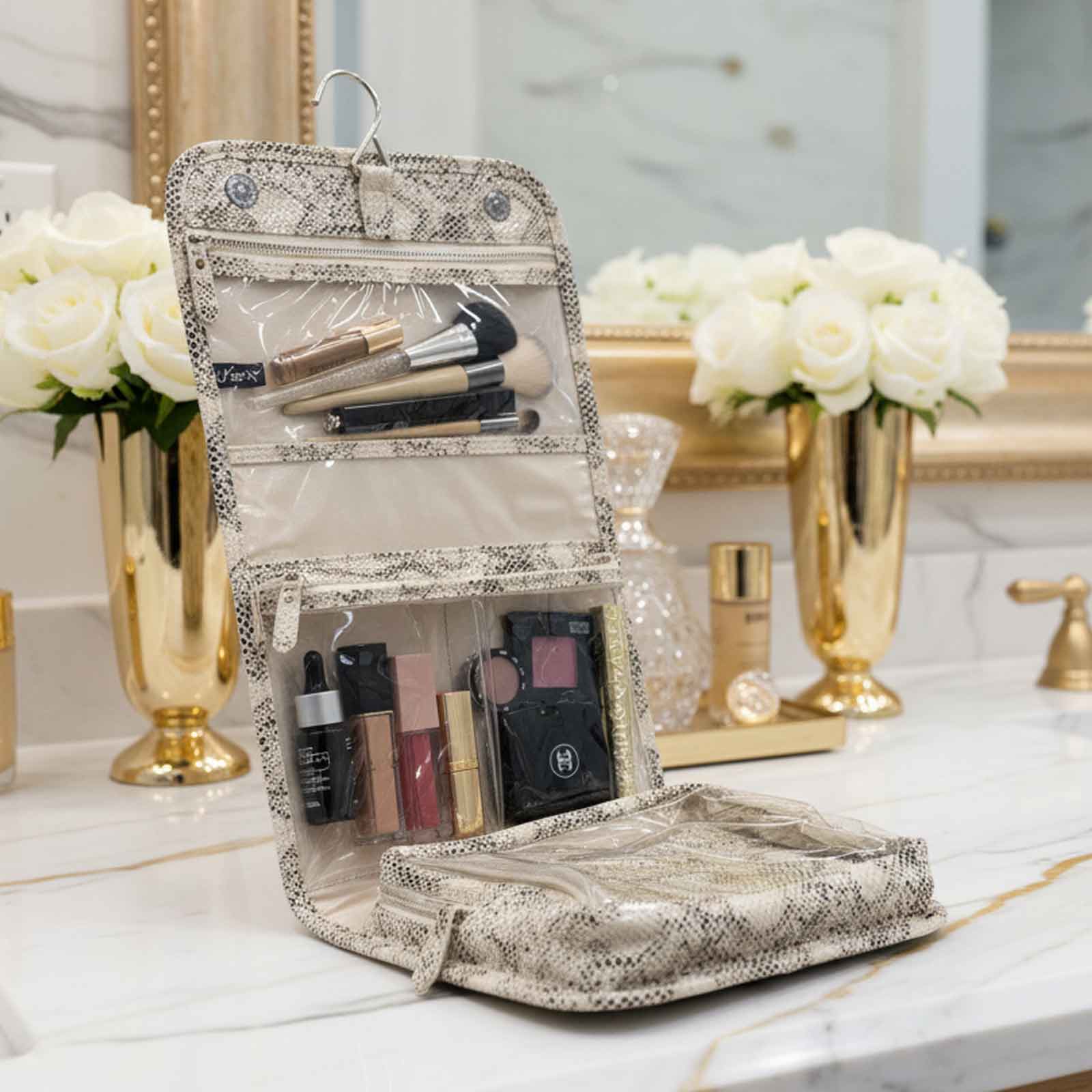Cream Python Printed Hanging Travel Toiletry Case w/ Removable Pouch