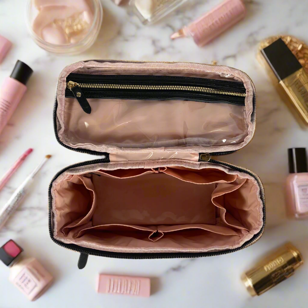 Classic Train Case Travel Makeup Toiletry Case Black Quilted