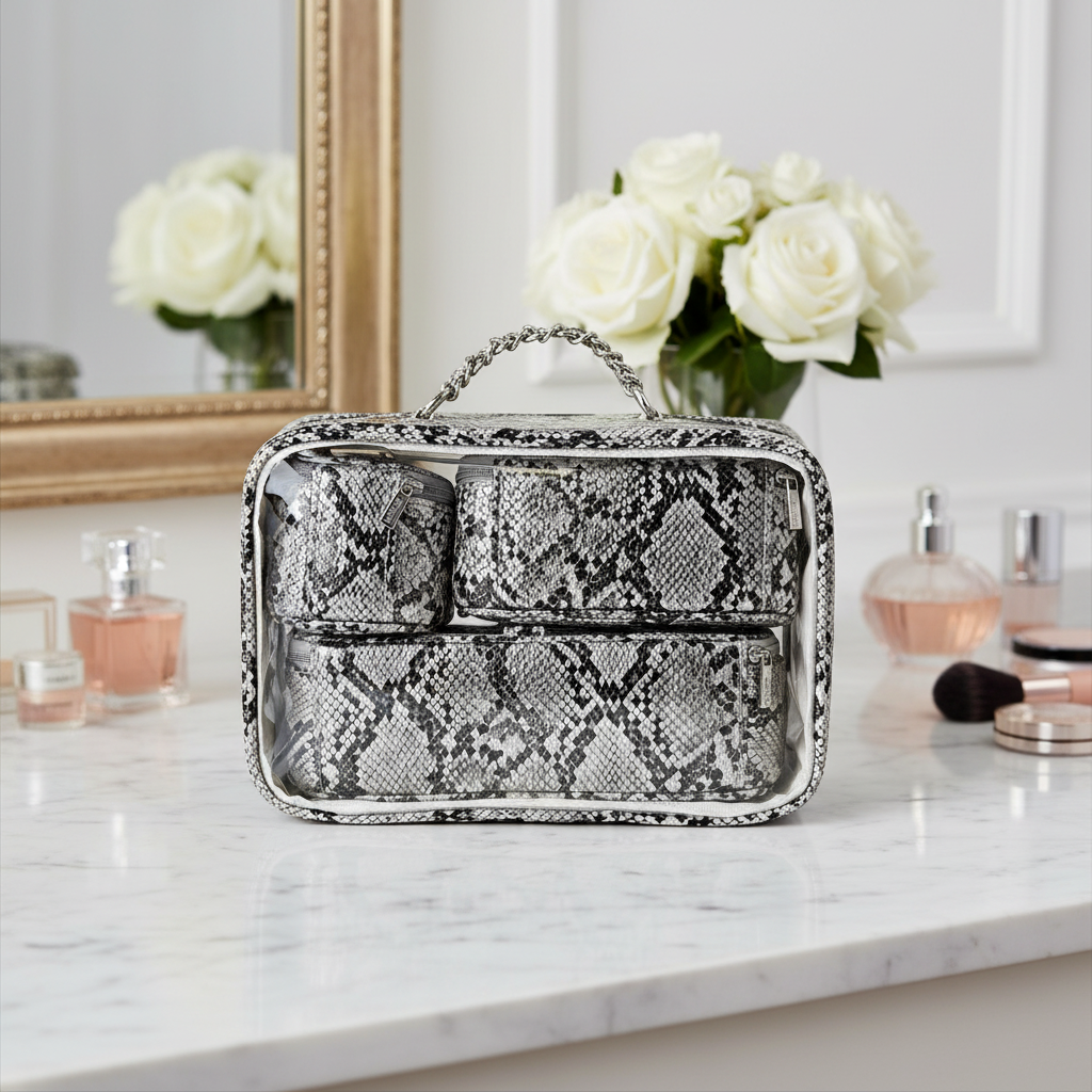 Trio Jet Setter - 4 in 1 Makeup & Toiletry Case - Silver Python