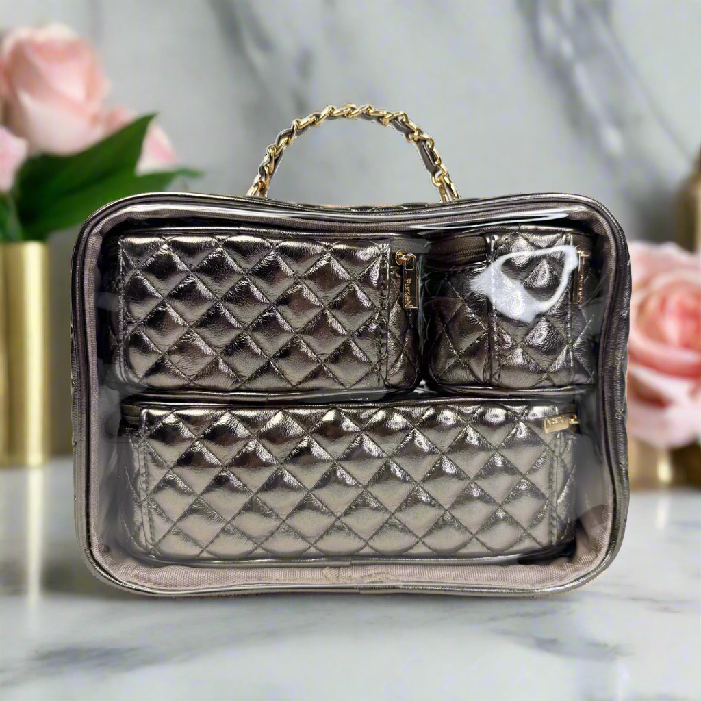Trio Jet Setter - 4 in 1 Makeup & Toiletry Case - Bronze Quilted