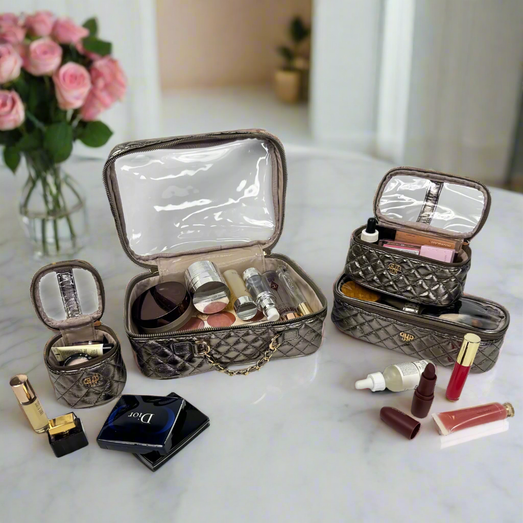Trio Jet Setter - 4 in 1 Makeup & Toiletry Case - Bronze Quilted