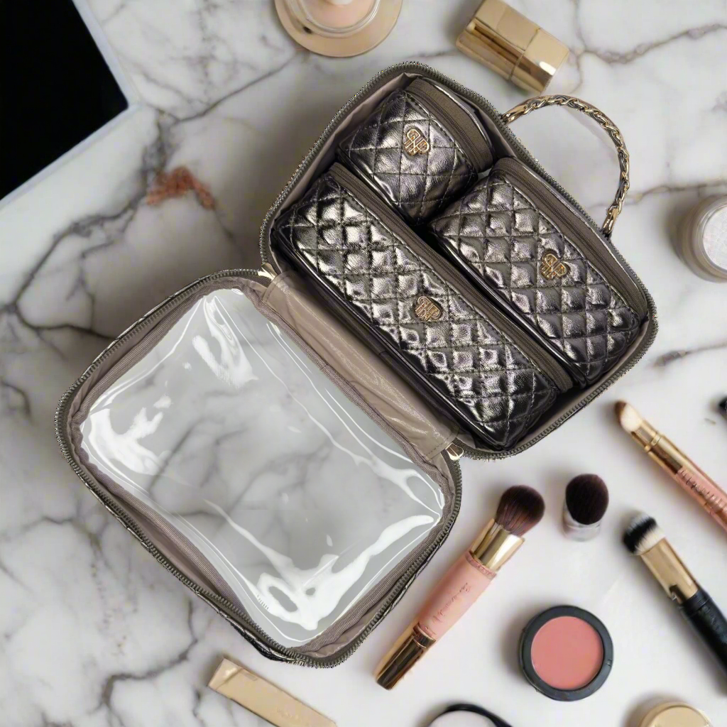 Trio Jet Setter - 4 in 1 Makeup & Toiletry Case - Bronze Quilted