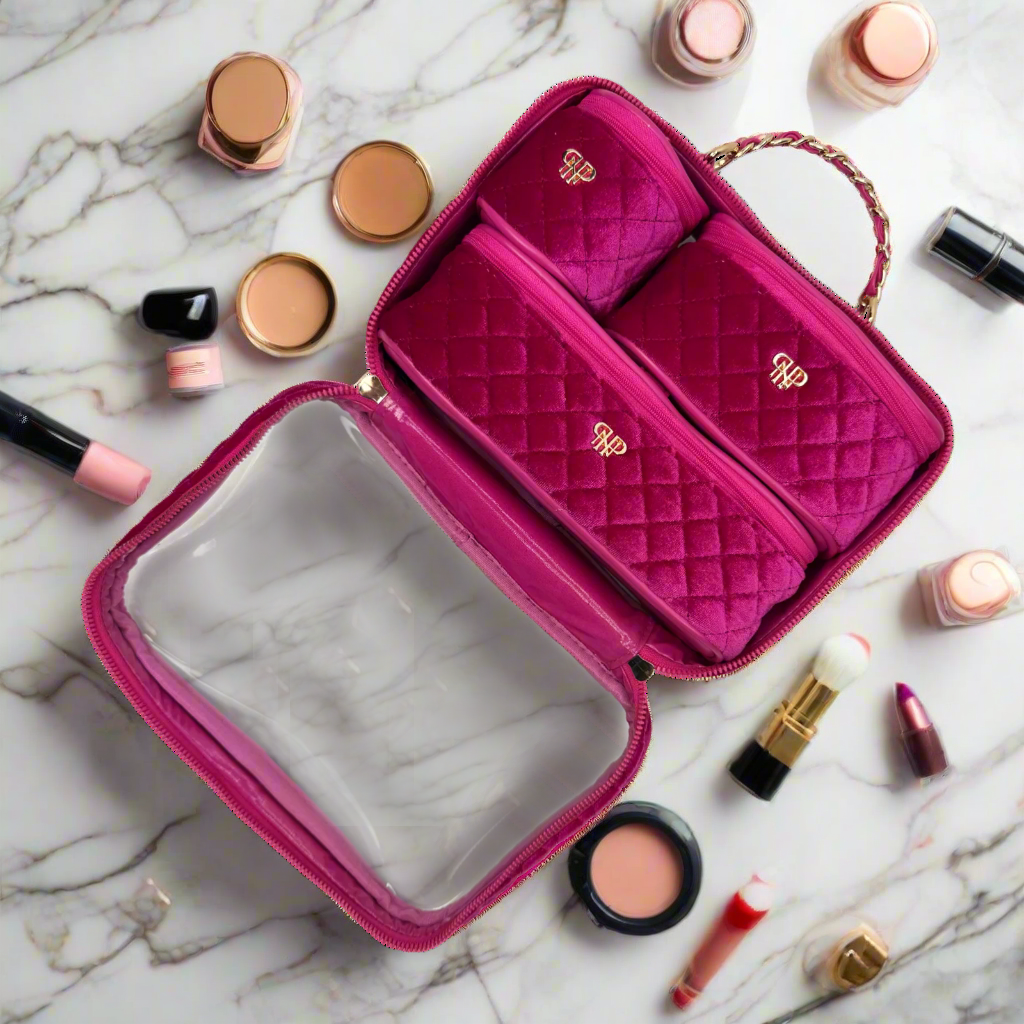 Trio Jet Setter - 4 in 1 Makeup & Toiletry Case - Fuchsia Velvet