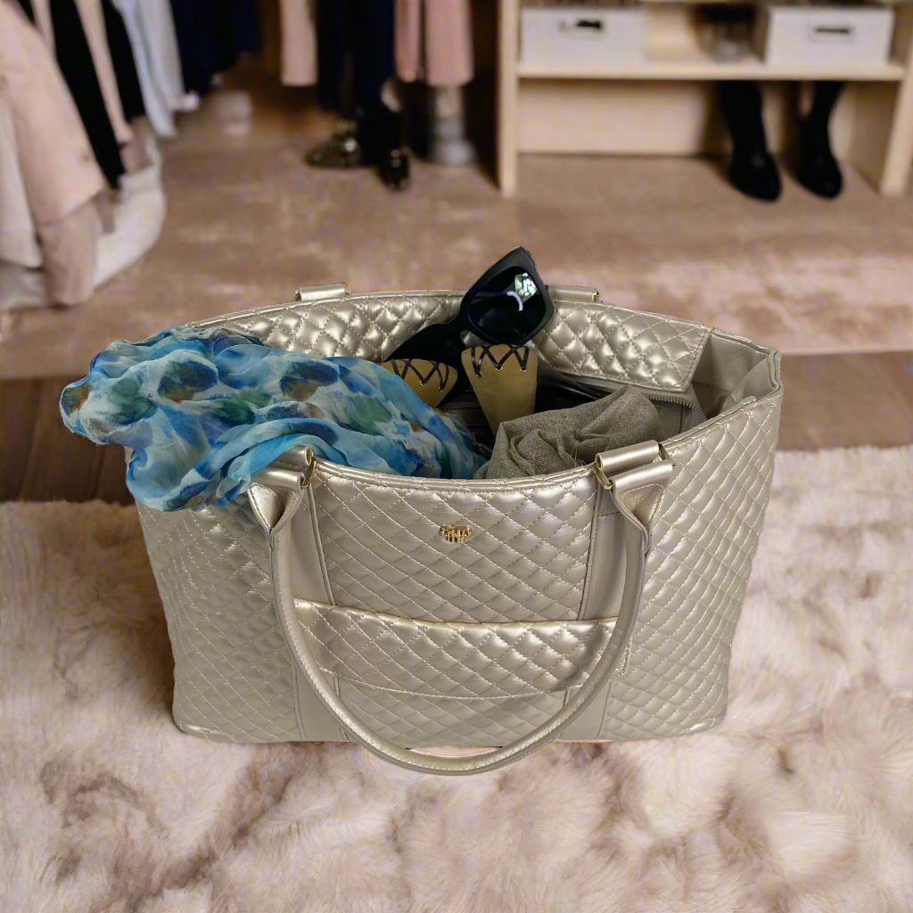 Luxe Travel Tote w/ Trolley Sleeve - Pearl Quilted - Bridal