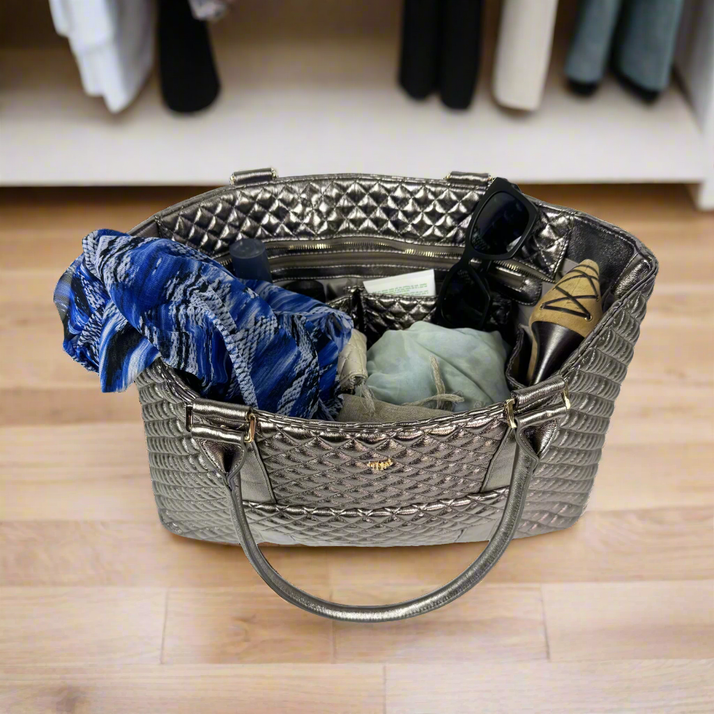 Luxe Travel Tote - Metallic Bronze Quilted Vegan Leather – PurseN