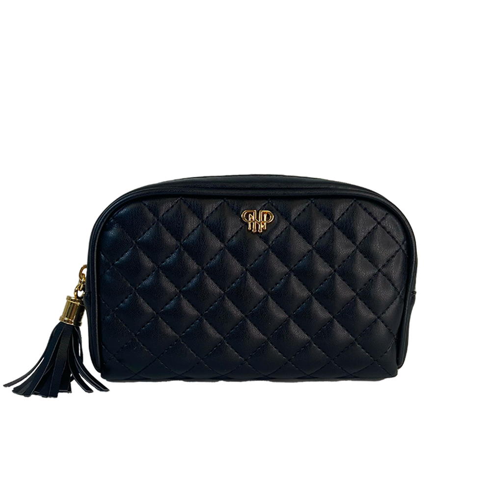 Classic Small Makeup Bag Black Quilted Vegan Leather PurseN