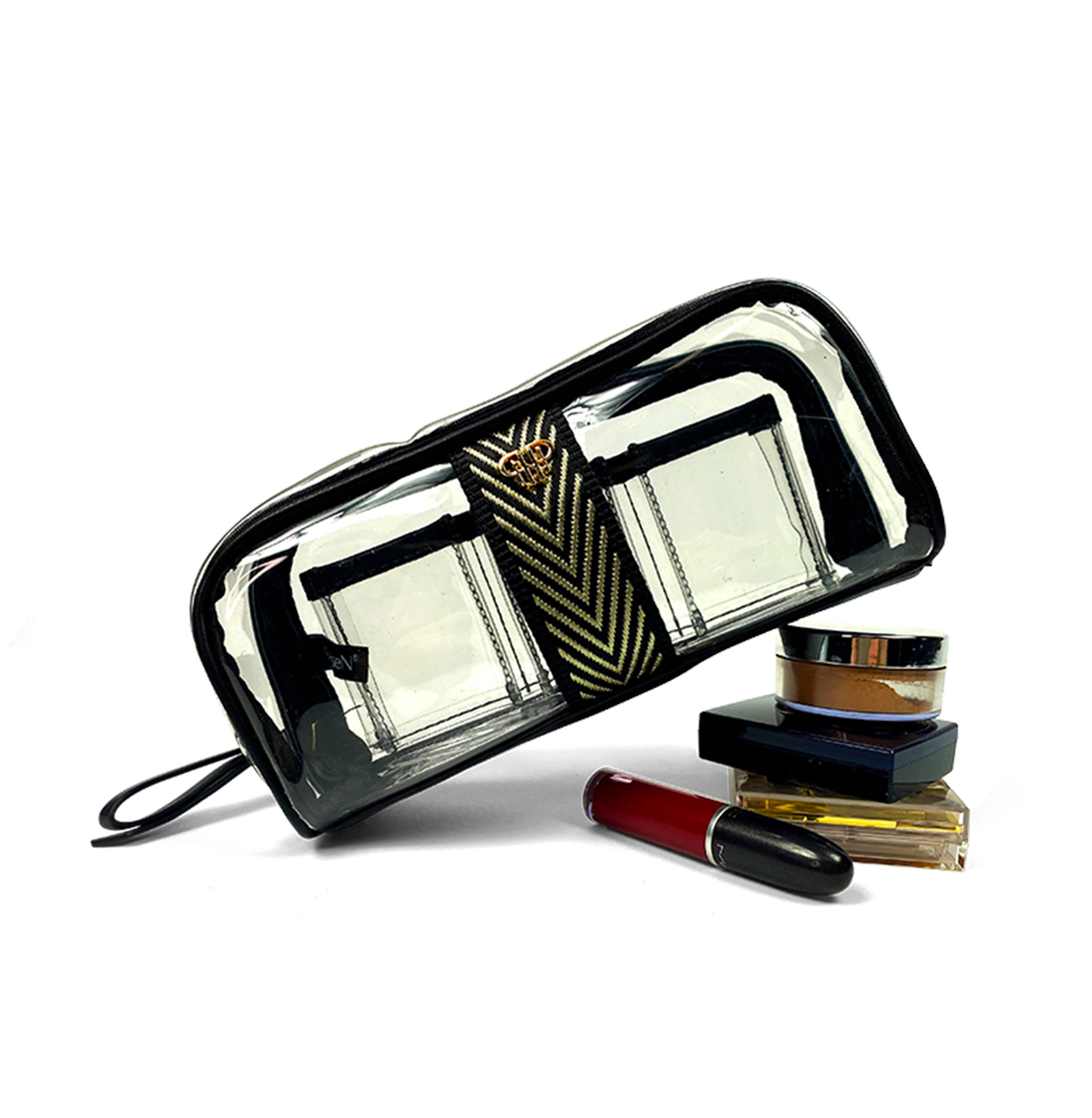 Clear View Makeup Case with Metallic Gold Chevron Ribbon PurseN