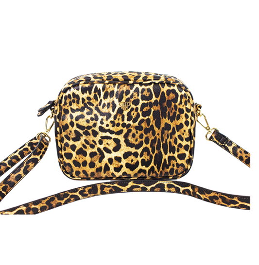 Beige Vegan Leather Crossbody Bag with Leopard Canvas Strap – Sorelle Gifts